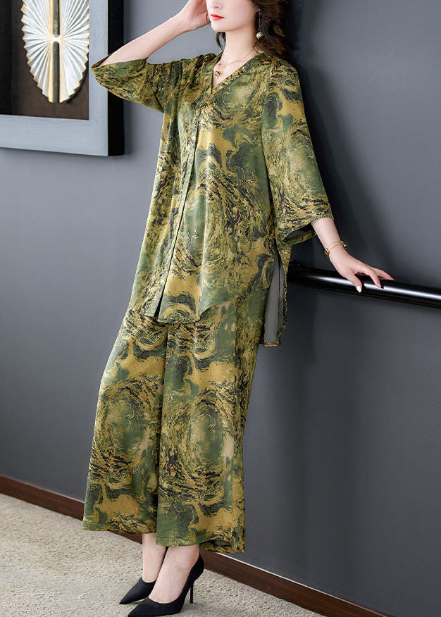Green Print Pockets Silk Sets 2 Pieces Tops and Pants V Neck Summer