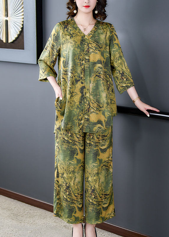 Green Print Pockets Silk Sets 2 Pieces Tops and Pants V Neck Summer