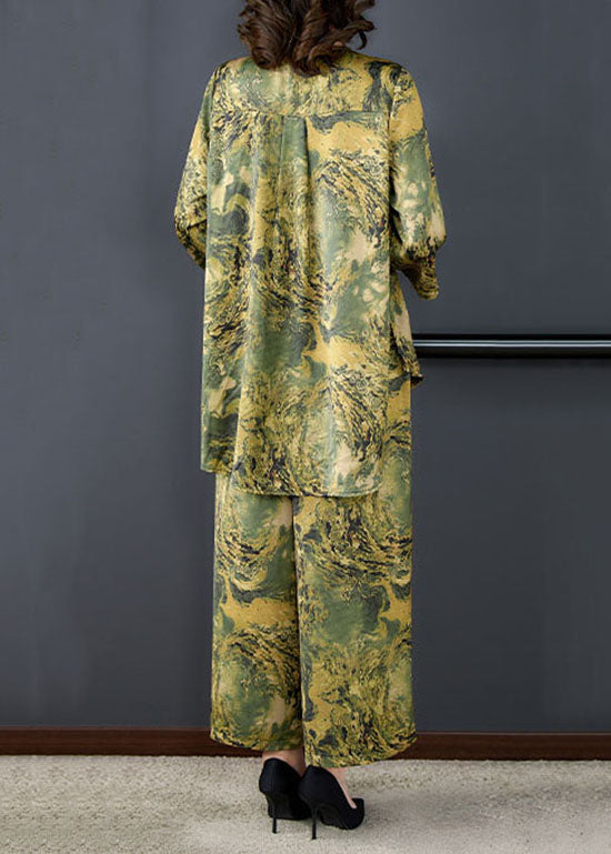 Green Print Pockets Silk Sets 2 Pieces Tops and Pants V Neck Summer