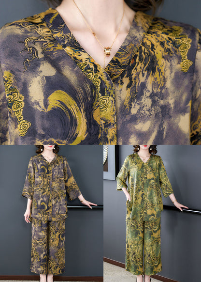Green Print Pockets Silk Sets 2 Pieces Tops and Pants V Neck Summer