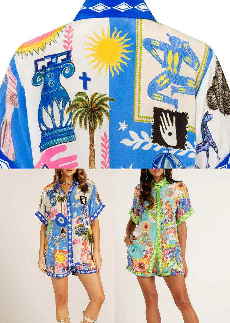 Green Print Shirts and Shorts Two Pieces Set Short Sleeve