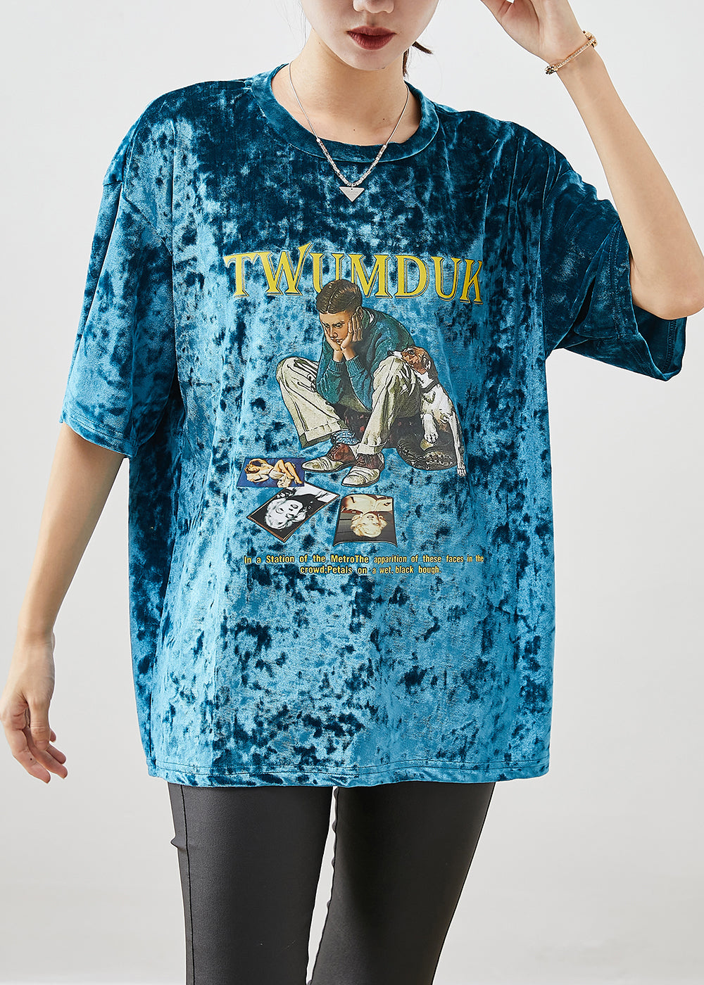 Green Print Silk Velour Pullover Oversized Short Sleeve