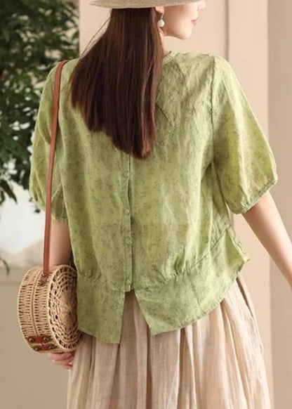 Green Print Wear on Both Sides Linen Shirt Button Half Sleeve
