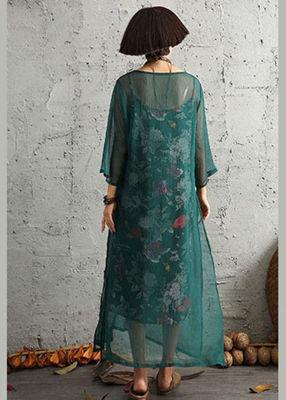 Green Print Side Open Cotton Two Pieces Set Spring