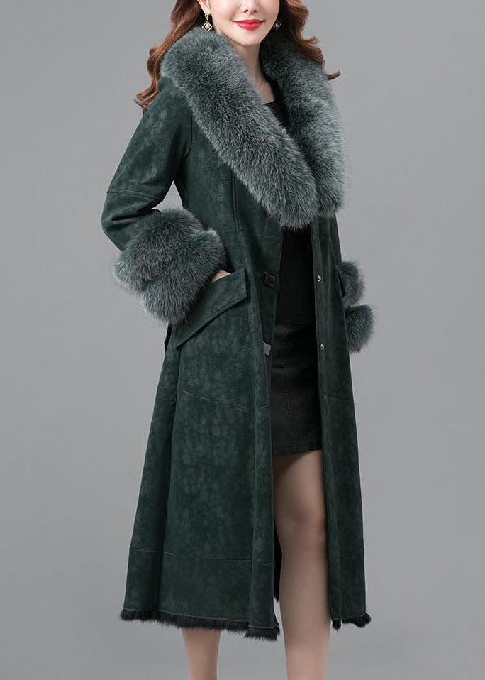 Green Rabbit Hair Collar Leather and Fur Parkas Lengthen Button Winter