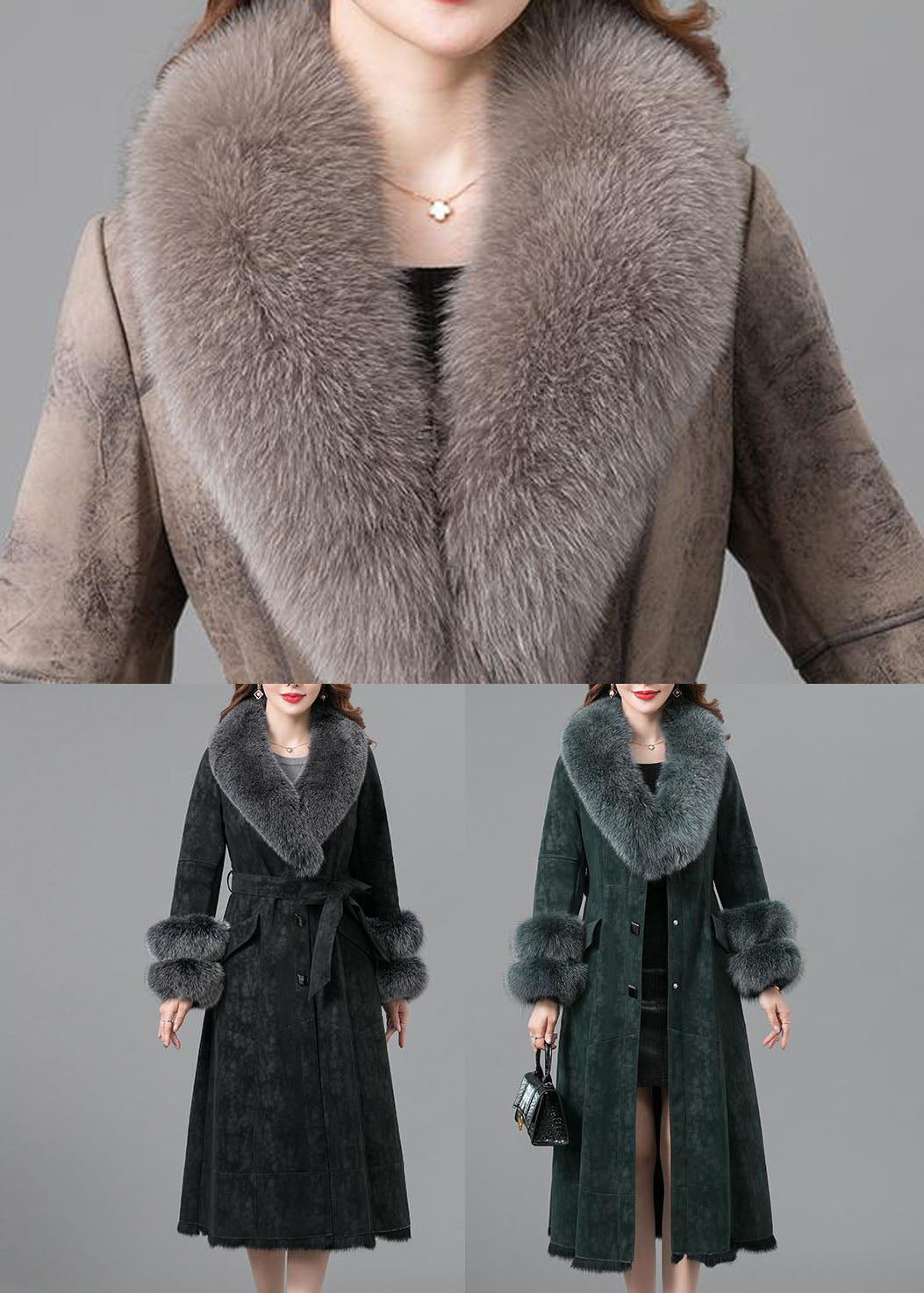 Green Rabbit Hair Collar Leather and Fur Parkas Lengthen Button Winter