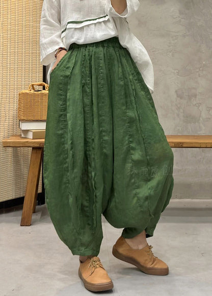 Green Elastic Waist Thin Linen Crop Pants Pockets