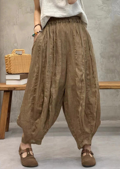 Green Elastic Waist Thin Linen Crop Pants Pockets