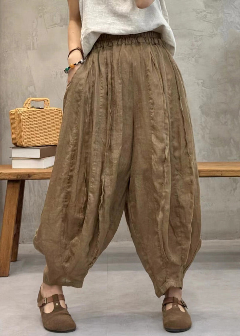 Green Elastic Waist Thin Linen Crop Pants Pockets