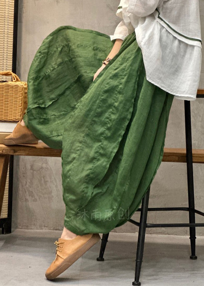 Green Elastic Waist Thin Linen Crop Pants Pockets