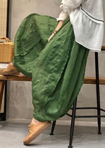 Green Elastic Waist Thin Linen Crop Pants Pockets