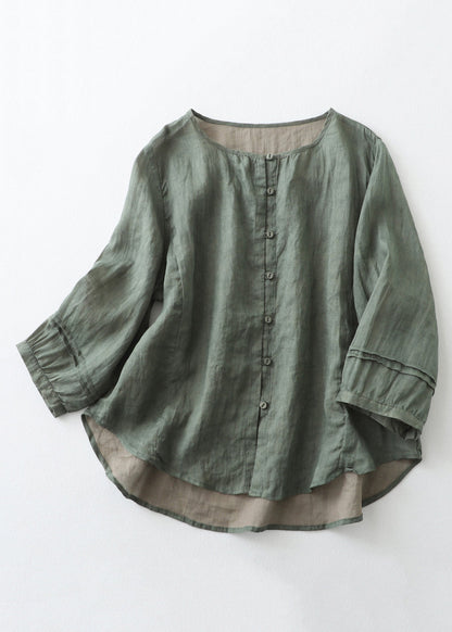 Green Patchwork Cotton Shirts O Neck Bracelet Sleeve
