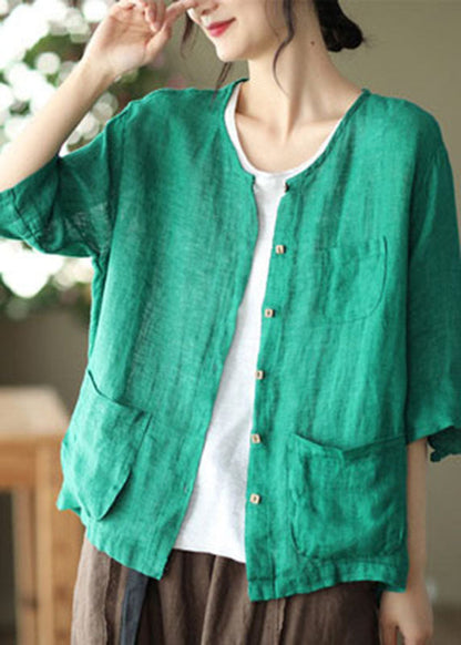 Green Pockets Linen Cardigan O-neck Button Half Sleeve