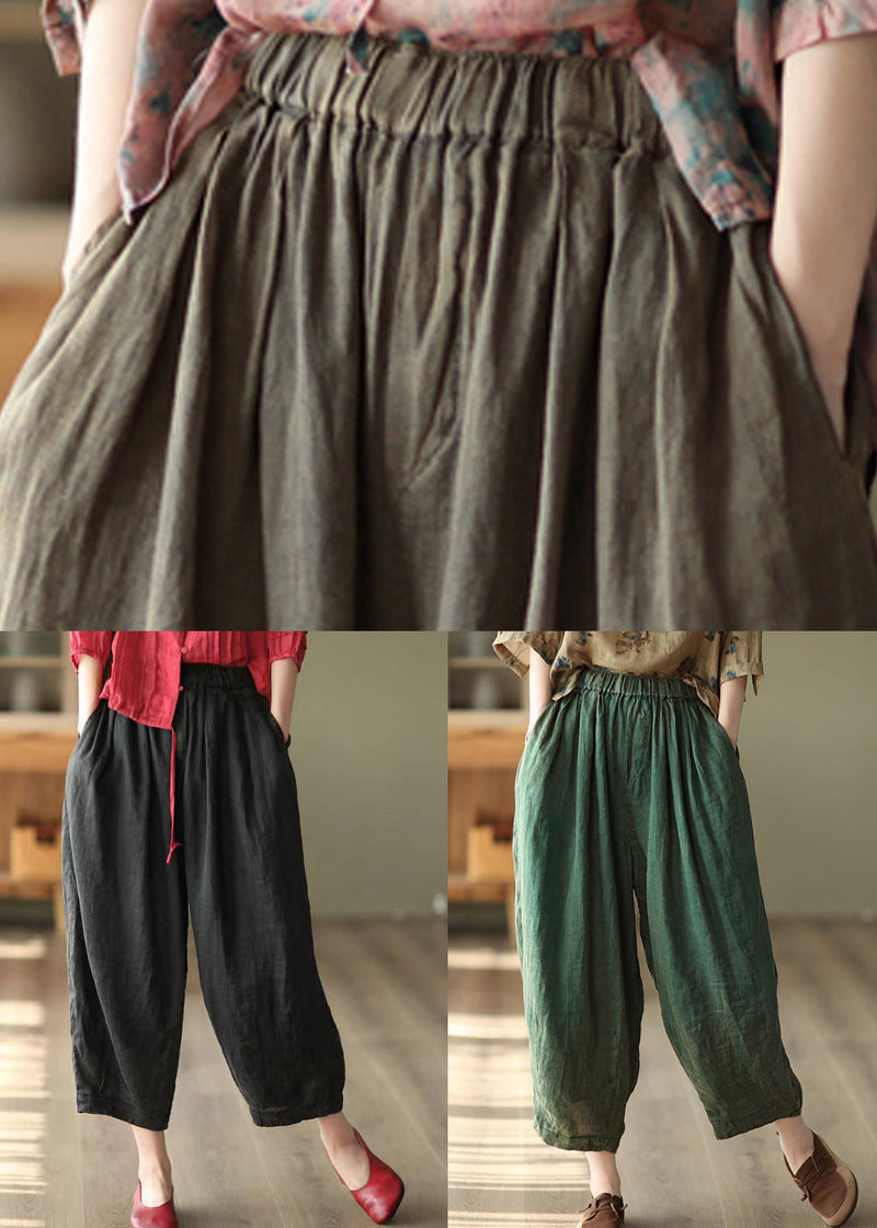 Green Pockets Loose Linen Harem Pants High Waist