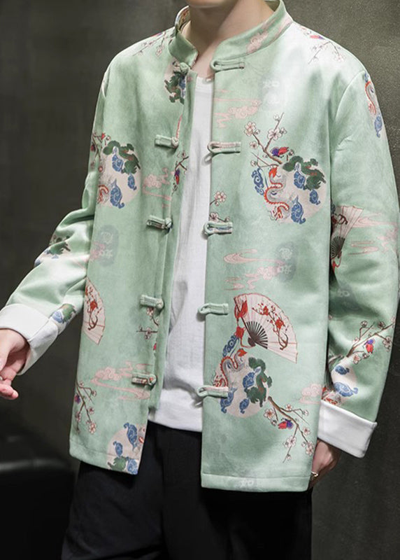 Green Stand Collar Button Coats Long Sleeve