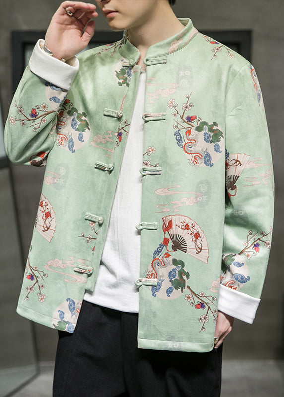 Green Stand Collar Button Coats Long Sleeve