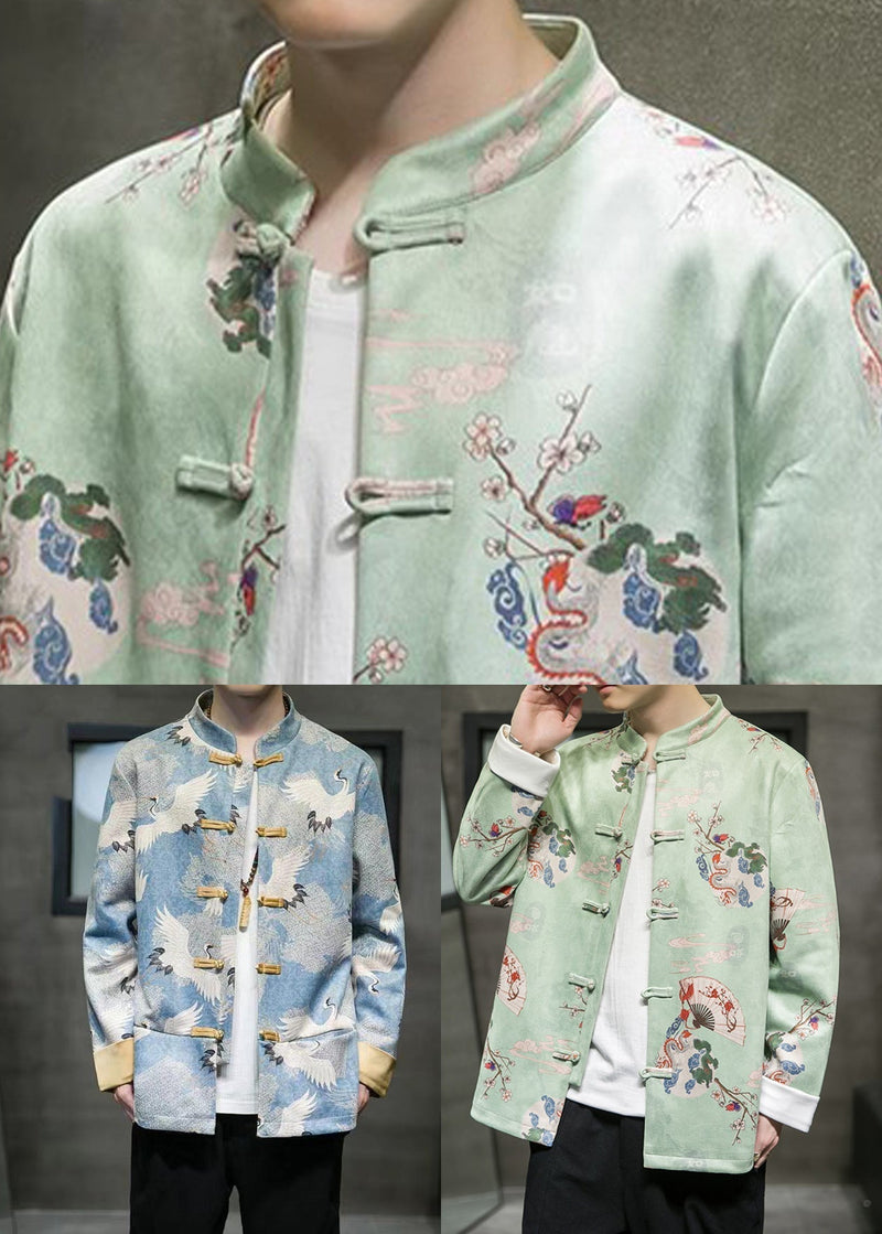 Green Stand Collar Button Coats Long Sleeve