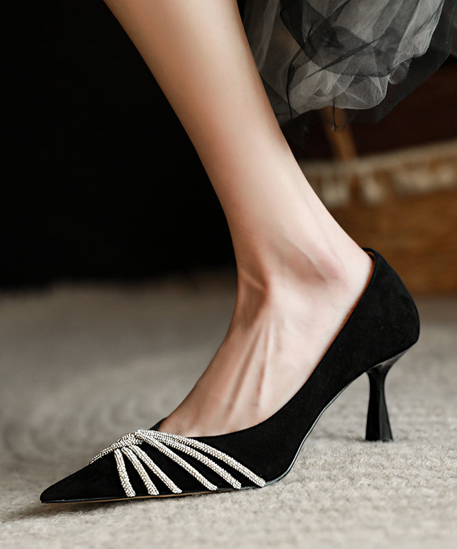 Green Stiletto Suede Splicing Pointed Toe Zircon
