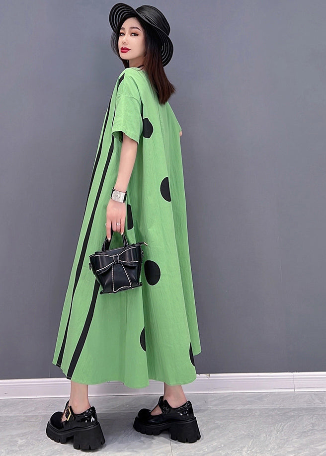 Green Striped Patchwork Cotton Vacation Dresses O-neck Oversized Short Sleeve