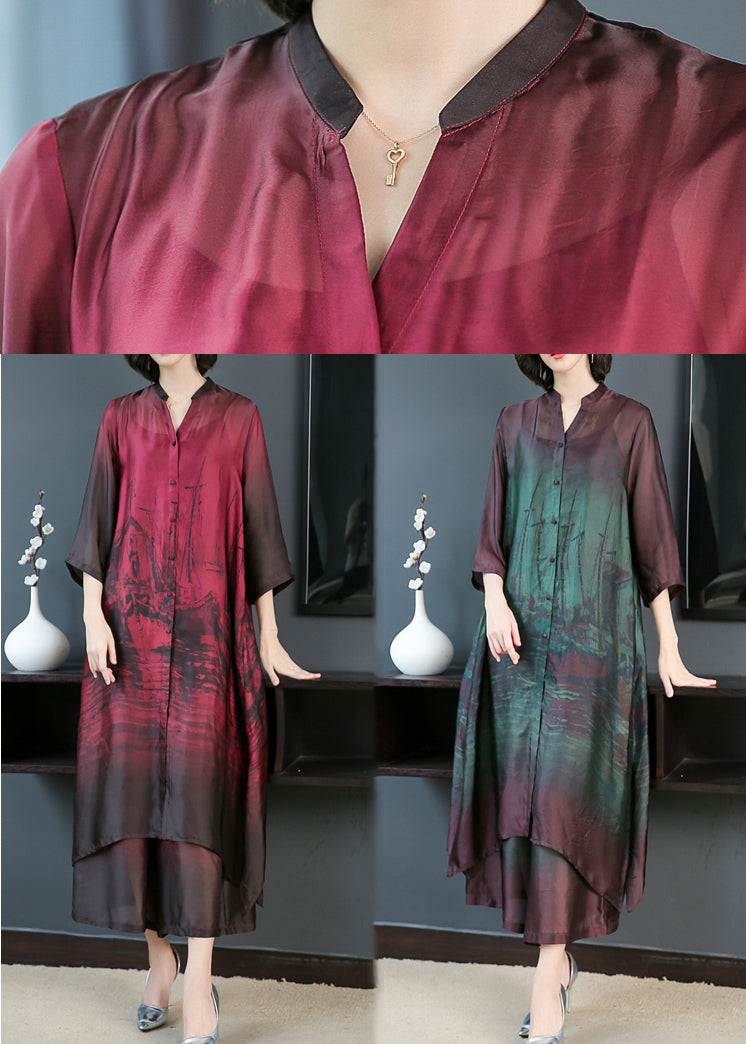 Green Thin Silk Shirt Dress and Wide Leg Pants Two Pieces Set Pockets Summer