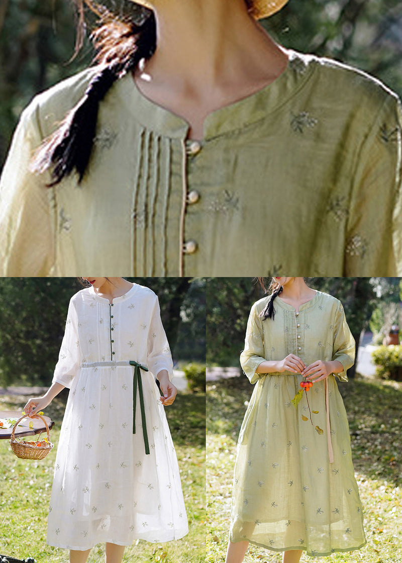 Green Tie Waist Linen Dresses O-neck Bracelet Sleeve