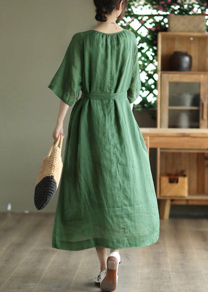 Green Tie Waist Long Dress Half Sleeve