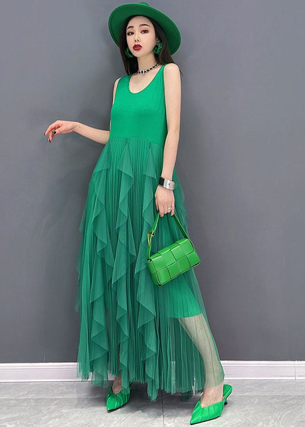 Green Tulle Patchwork Cotton Fitted Dresses O-neck Sleeveless