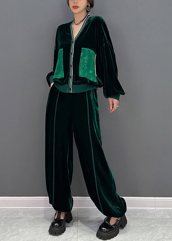 Green V Neck Print Coats and Pants Two Pieces Set Fall