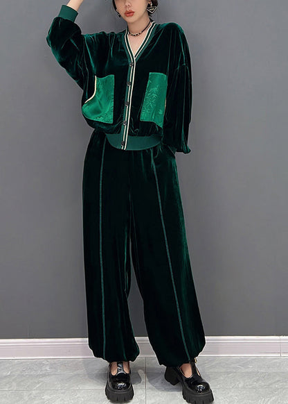 Green V Neck Print Coats and Pants Two Pieces Set Fall