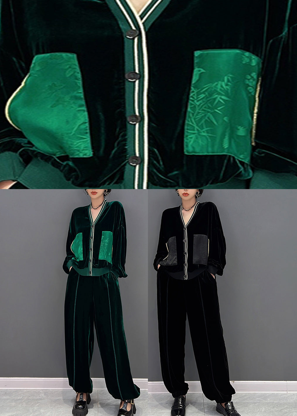 Green V Neck Print Coats and Pants Two Pieces Set Fall