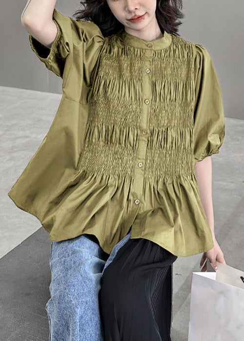 Green Wrinkled Patchwork Cotton Blouse Top O-neck Half Sleeve