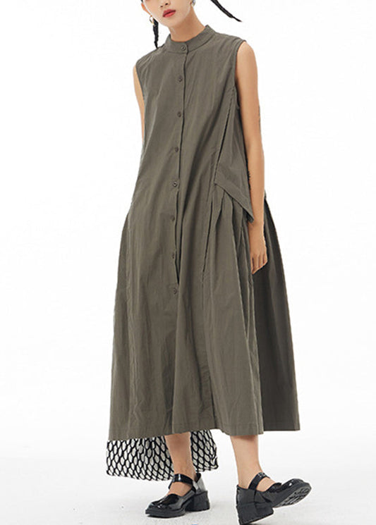 Green Wrinkled Long Shirt Dress Sleeveless