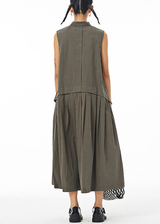Green Wrinkled Long Shirt Dress Sleeveless
