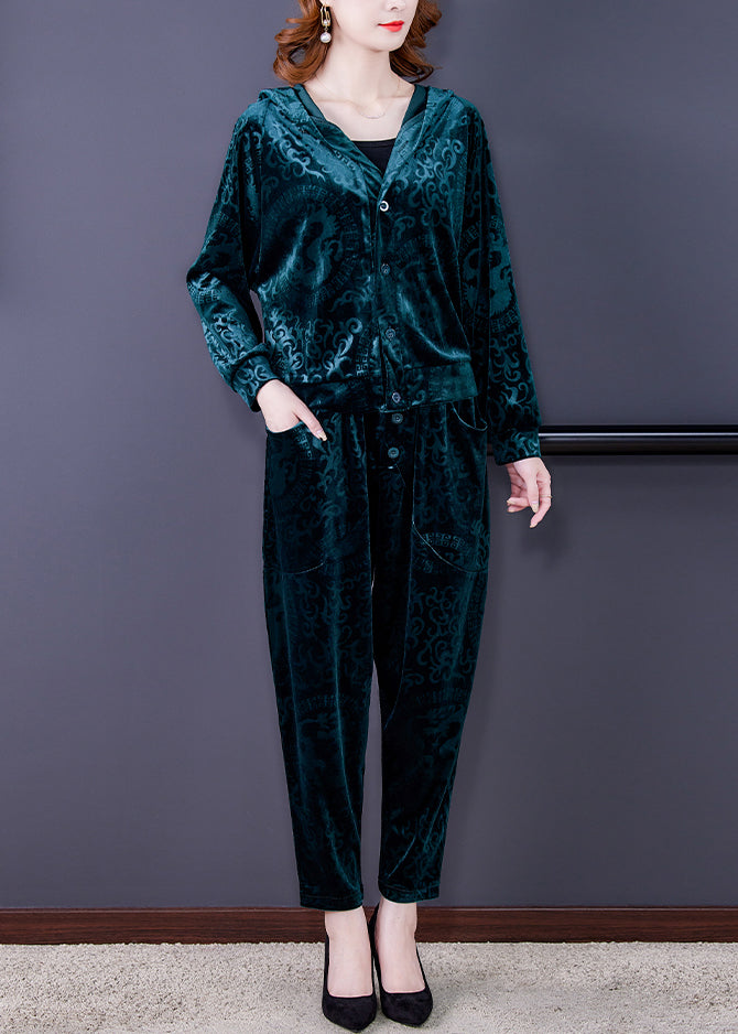 Green Zip Up Silk Velour Coats and Harem Pants Two Pieces Set Long Sleeve