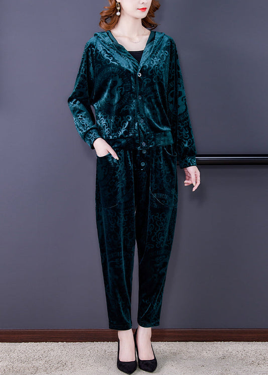 Green Zip Up Silk Velour Coats and Harem Pants Two Pieces Set Long Sleeve