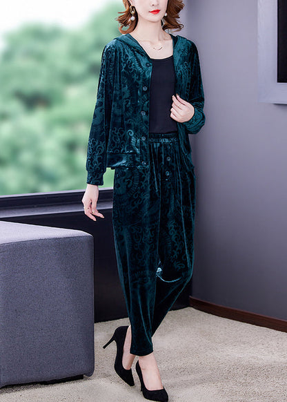 Green Zip Up Silk Velour Coats and Harem Pants Two Pieces Set Long Sleeve