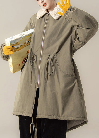 Green Zippered Drawstring Maxi Parkas Lantern Sleeve