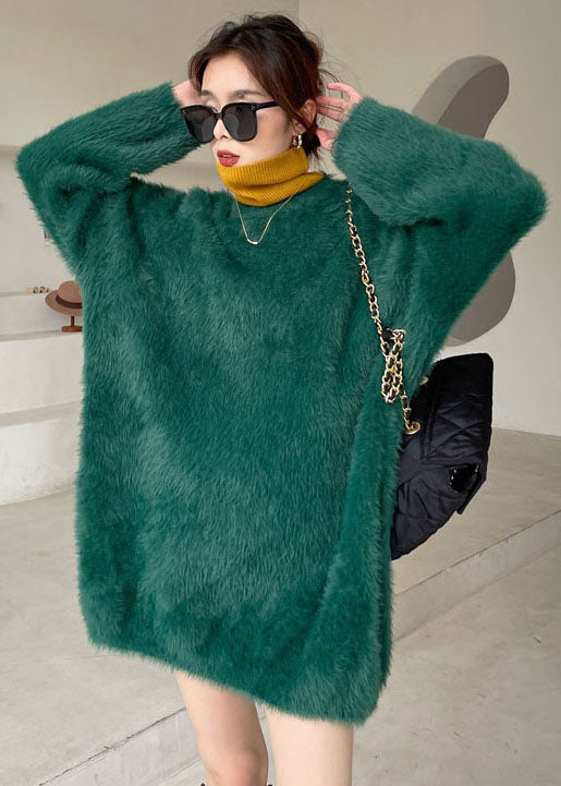 Green Cozy Mink Hair Knitted Sweater Dress V Neck Winter