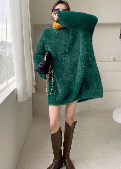Green Cozy Mink Hair Knitted Sweater Dress V Neck Winter