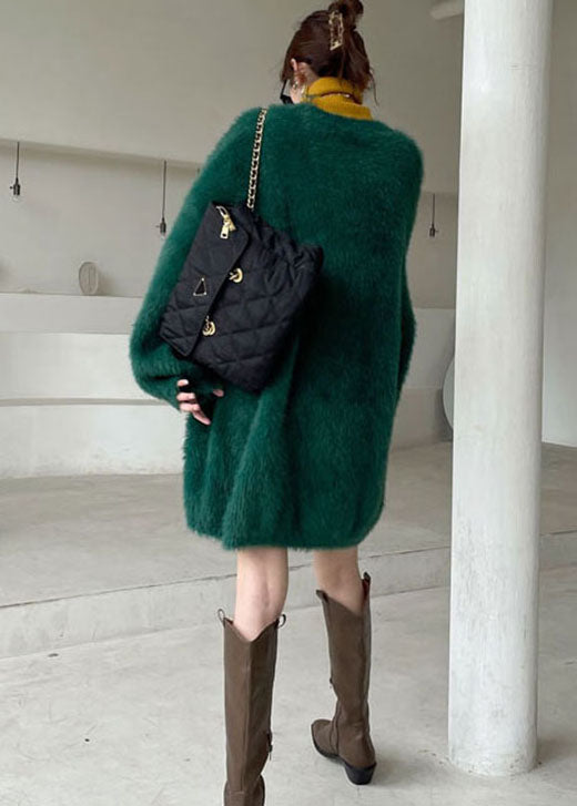 Green Cozy Mink Hair Knitted Sweater Dress V Neck Winter