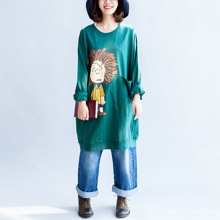 Green Print Oversize Sweat Dresses Cotton Shift Dress Pullover