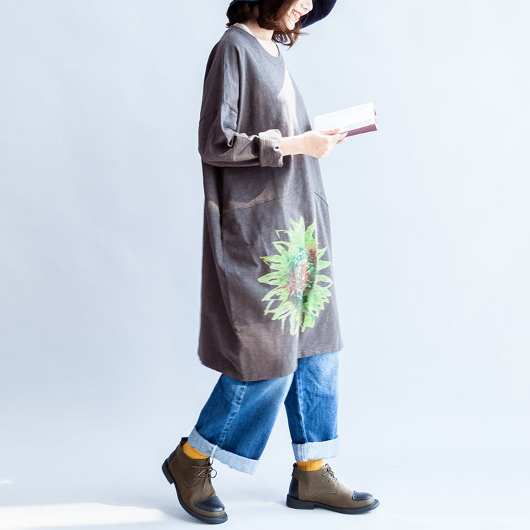 Green Sunflowers Cotton Dresses in Dark Gray Oversize Cotton Pullover Blouses Spring Dress