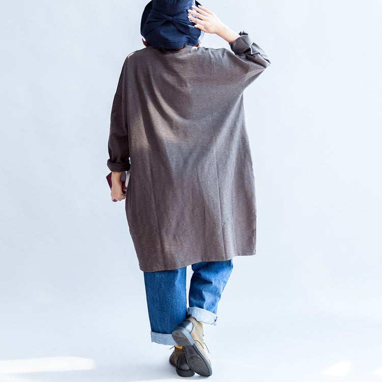 Green Sunflowers Cotton Dresses in Dark Gray Oversize Cotton Pullover Blouses Spring Dress
