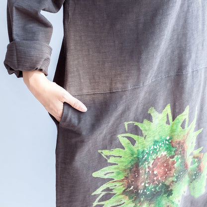 Green Sunflowers Cotton Dresses in Dark Gray Oversize Cotton Pullover Blouses Spring Dress
