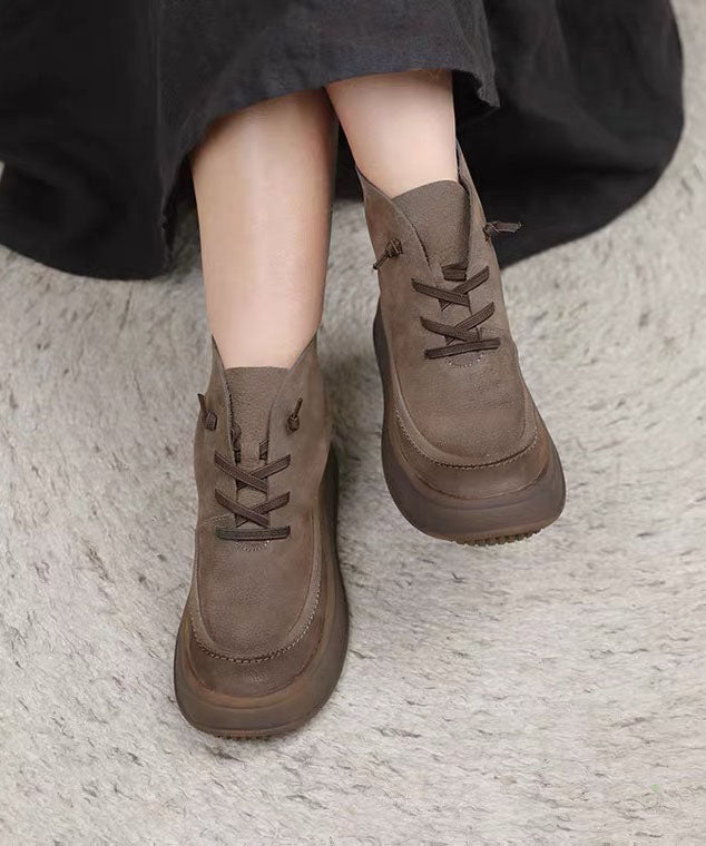 Grey Boots Cowhide Leather Cross Strap Boots