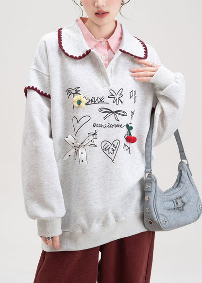 Grey Bow Print Cotton Spring Sweatshirts Peter Pan Collar