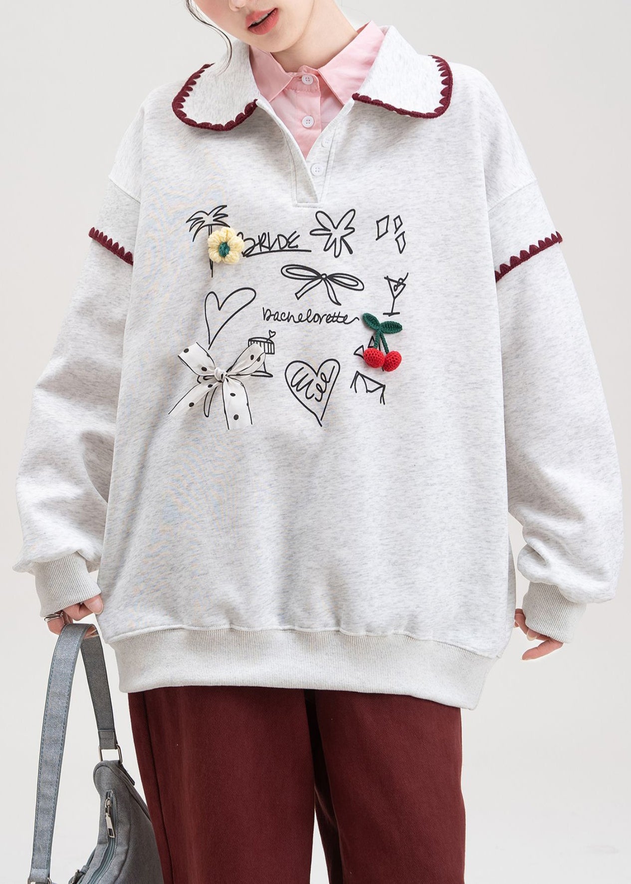 Grey Bow Print Cotton Spring Sweatshirts Peter Pan Collar