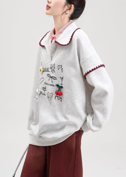 Grey Bow Print Cotton Spring Sweatshirts Peter Pan Collar