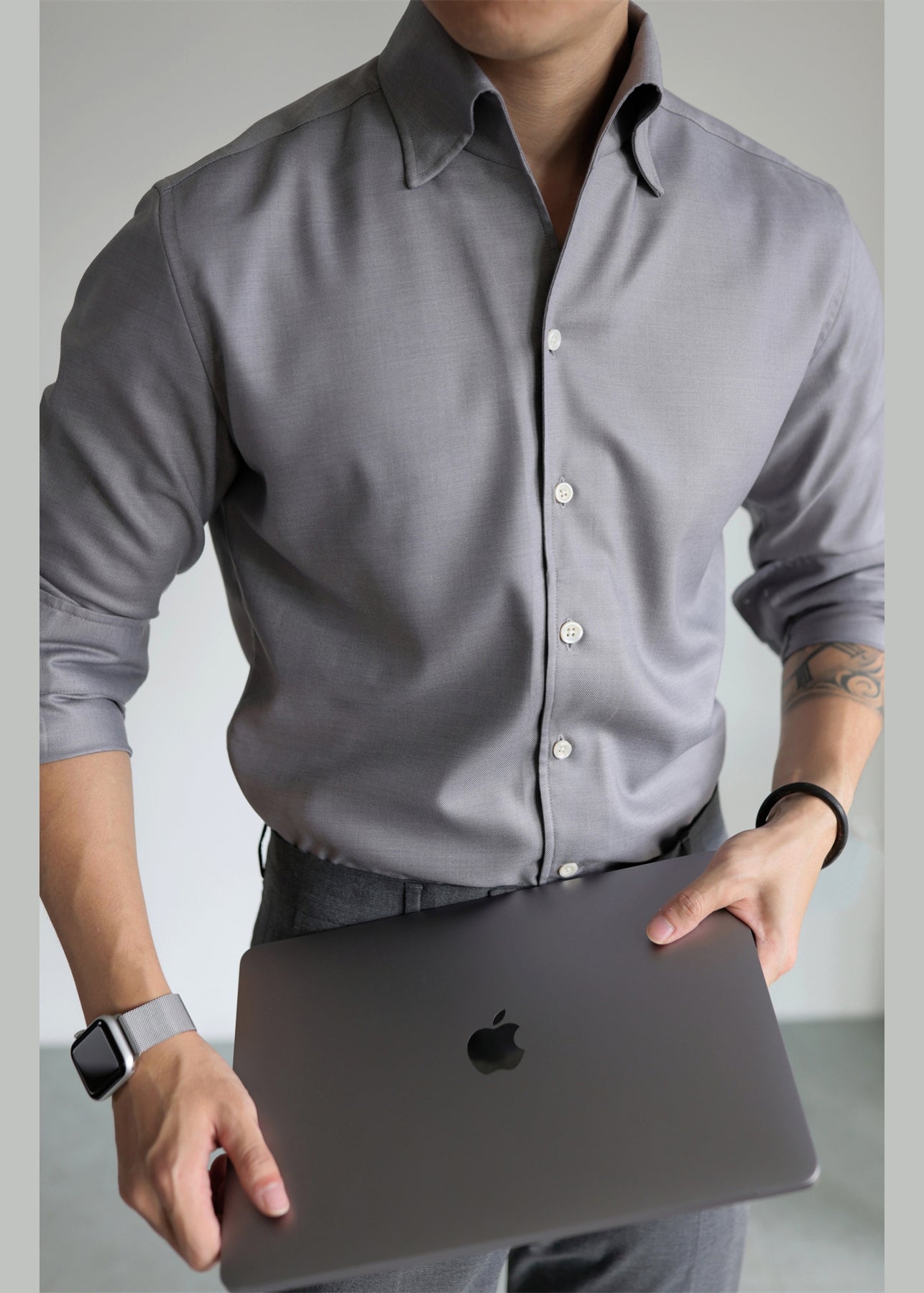 Grey Button Cotton Fall Shirts Men Peter Pan Collar