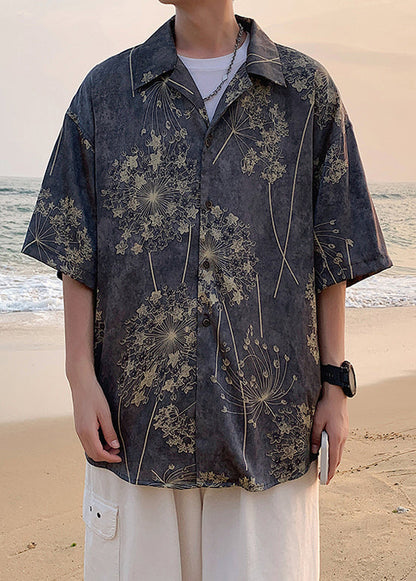 Grey Button Cotton Shirts Peter Pan Collar Summer